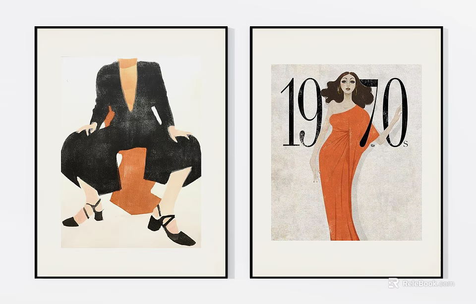 Vintage Stylish Portrait Paintings With Black Orange Outfits And 1970 Number Design 3d model 