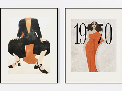 Vintage Stylish Portrait Paintings With Black Orange Outfits And 1970 Number Design 3d model