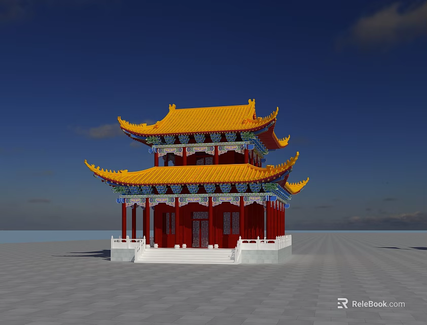 Ancient Chinese Architecture With Yellow Curved Eaves Red Pillars And White Base 3d model 