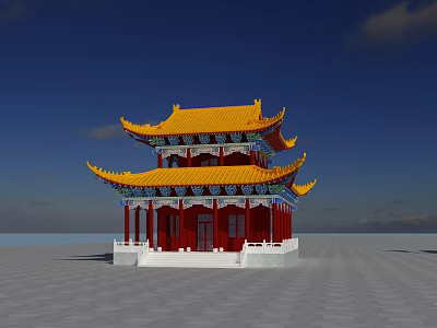 Ancient Chinese Architecture With Yellow Curved Eaves Red Pillars And White Base 3d model