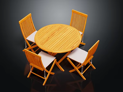 Wooden Round Dining Table Set With Four Chairs And White Cushions 3d model