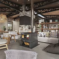 Rustic Restaurant Interior With Wooden Ceiling Tables Chairs Stone Wall And Open Bar Counter