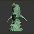 Green Fish Sculpture With Detailed Scales Yellow Eyes And Wave Base Design