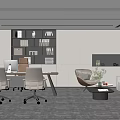 Modern Office Interior With Desk Chairs Bookshelf Sofa Coffee Table Modern Lighting And White Cabinets