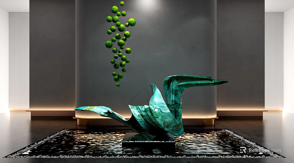 Green Crane Sculpture with Hanging Green Spheres in Indoor Water Feature Against Grey Wall 3d model 