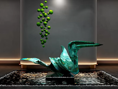 Green Crane Sculpture with Hanging Green Spheres in Indoor Water Feature Against Grey Wall 3d model
