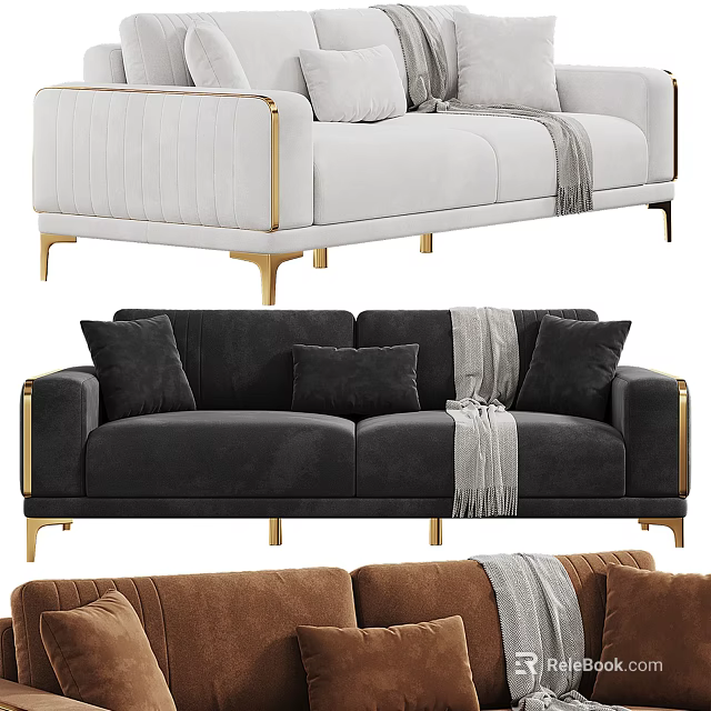 Modern Two Seater Sofa With Velvet Upholstery Gold Metal Legs Pillows And Throw Blanket 3d model 