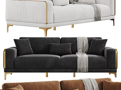 Modern Two Seater Sofa With Velvet Upholstery Gold Metal Legs Pillows And Throw Blanket 3d model