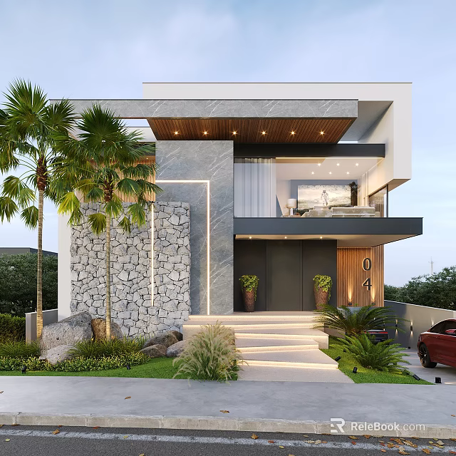 Modern Detached Villa Exterior With Stone Wall Palm Trees And Entrance Steps 3d model 