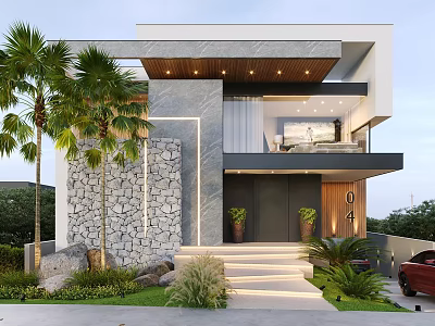 Modern Detached Villa Exterior With Stone Wall Palm Trees And Entrance Steps 3d model