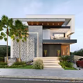 Modern Detached Villa Exterior With Stone Wall Palm Trees And Entrance Steps