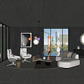 Elegant Modern Living Room With Soft Curved Sofa And Floor To Ceiling Glass Windows