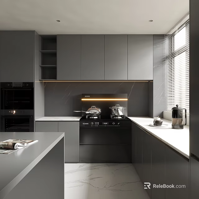 Modern Grey Kitchen Interior With Cabinets Countertop Appliances And Window Blinds 3d model