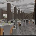 Luxurious Banquet Hall Interior With Crystal Chandeliers White Tables And Chairs