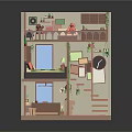 Colorful Cartoon Loft Room Scene With Two Tiered Bed Staircase Plants And Wall Clock