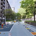 Outdoor Children's Play Area With Colorful Ground Design Trees Pathways And Buildings