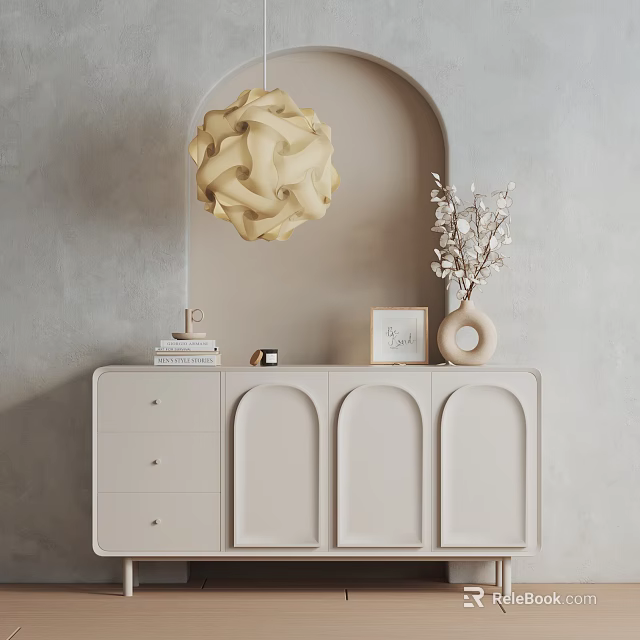 Beige Modern Entryway Cabinet With Vase Photo Frame Books Pendant Light On Gray Wall 3d model 
