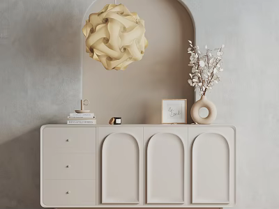 Beige Modern Entryway Cabinet With Vase Photo Frame Books Pendant Light On Gray Wall 3d model