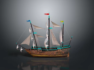 Historical Wooden Sailing Ship Model with Multiple White Sails Colorful Flags and Green Hull Accents 3d model