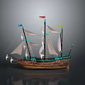Historical Wooden Sailing Ship Model with Multiple White Sails Colorful Flags and Green Hull Accents