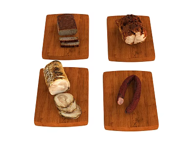 Assorted Food Items Including Bread Roast Meat Slices and Sausage on Wooden Cutting Boards 3d model