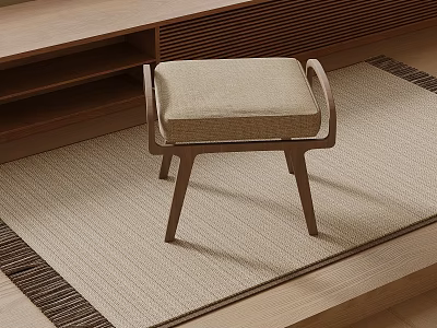 Modern Wooden Stool With Beige Upholstered Seat On Woven Rug In Living Room Space 3d model