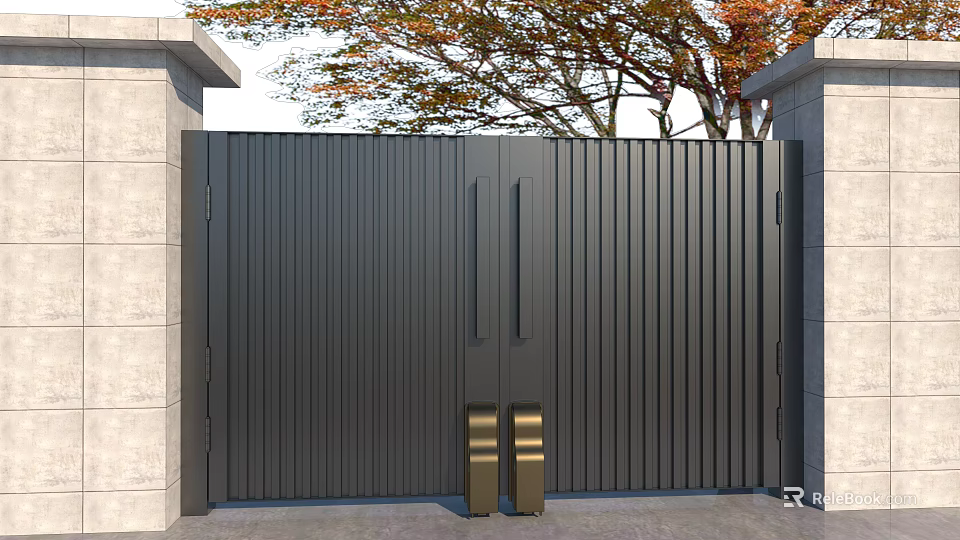 Modern Luxury Black Metal Gate With Stone Pillars And Autumn Trees 3d model 