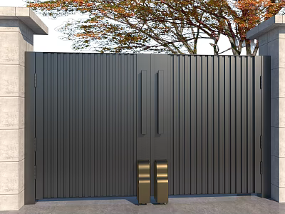 Modern Luxury Black Metal Gate With Stone Pillars And Autumn Trees 3d model