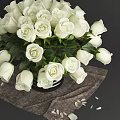 White Roses In Striped Metal Vase With Green Leaves And Cloth Background