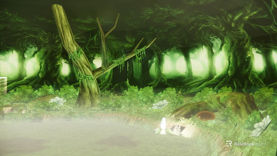 Forest Landscape Sculpture With Giant Trees Vines Lush Vegetation And Glowing Light 3d model 