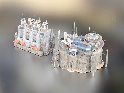 Future Architecture Two Multi Layered Model Structures With Metallic Spires And Domed Roofs 3d model