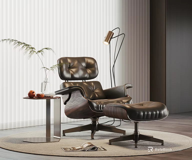 Leather Lounge Chair With Ottoman Floor Lamp Side Table And Potted Plant On Wooden Floor 3d model 