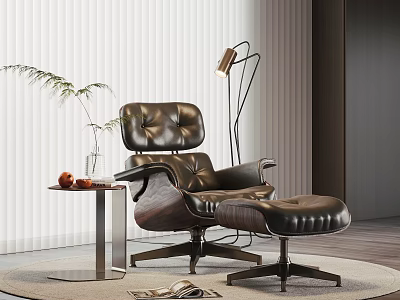 Leather Lounge Chair With Ottoman Floor Lamp Side Table And Potted Plant On Wooden Floor 3d model