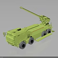 Green Military Vehicle With Cannon Mounted On Heavy Duty Truck Chassis And Multiple Wheels