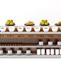Wooden Display Cabinet With Shelves Drawers Cups Fruits Bowls And Condiments