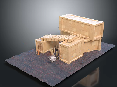 Wooden Box Scene Structure Model With Stacked Boxes And Planks On Mat 3d model