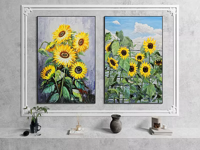 Two Sunflower Oil Paintings with Bright Yellow Blooms on Wall Decorated with Vase and Ornaments 3d model