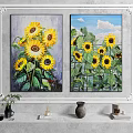 Two Sunflower Oil Paintings with Bright Yellow Blooms on Wall Decorated with Vase and Ornaments