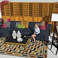 Sofa Coffee Table Set with Colorful Cushions White Vases Wooden Shutters and Geometric Rug
