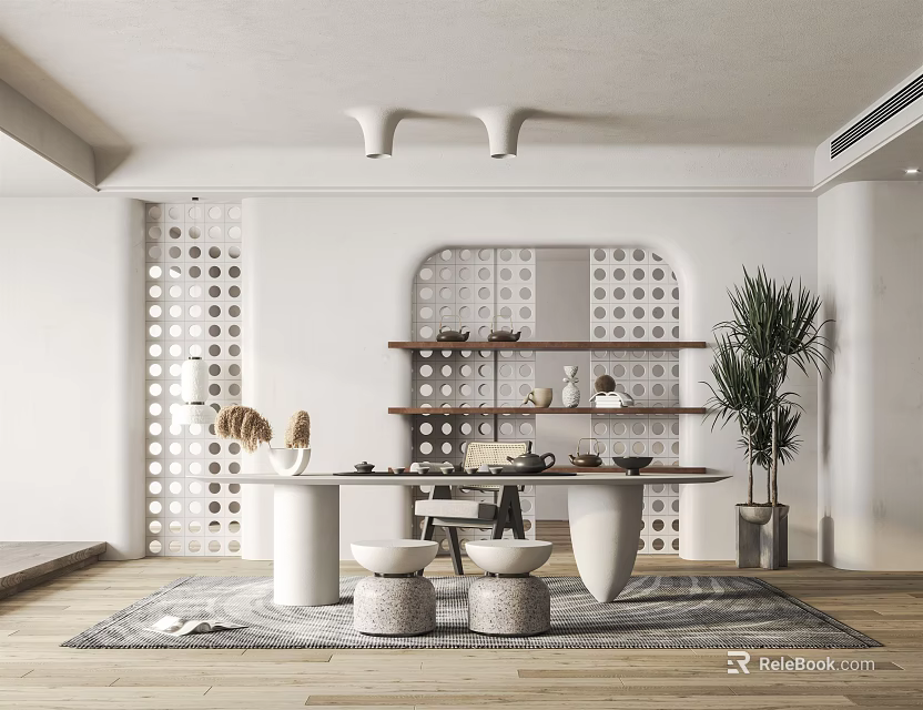 Modern Minimalist Tea Room Interior With Round Table Wooden Shelves And Potted Plant 3d model 