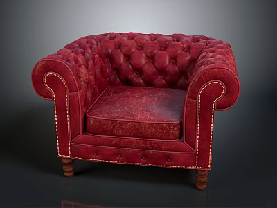 Red Leather Single Seater Sofa With Tufted Design Rolled Arms And Brass Nailhead Trim 3d model