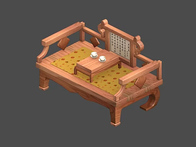 Traditional Chinese Wooden Arhat Bed With Backrest Armrests Floral Mat Tea Table and Calligraphy Screen 3d model