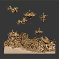 Intricate Golden Coral Like Structure With Flying Elements Gray Background And Reflective Base