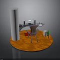 Circular Platform With Orange Floor White Cylindrical Pillar Desk Chair Green Plant And White Container