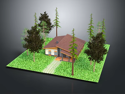 Cartoon Style Cozy Scene Featuring Small House Brown Roof Green Grass Trees And Pathway 3d model