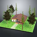 Cartoon Style Cozy Scene Featuring Small House Brown Roof Green Grass Trees And Pathway