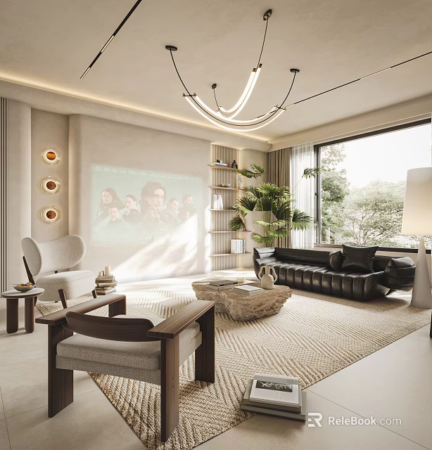 Modern Living Room Interior Design With Projection Screen Black Leather Sofa And Indoor Plant 3d model 