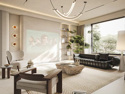 Modern Living Room Interior Design With Projection Screen Black Leather Sofa And Indoor Plant 3d model