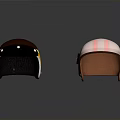 Weapon Themed Helmets With Brown And Pink Patterns And Goggles On Reflective Black Surface 3d model