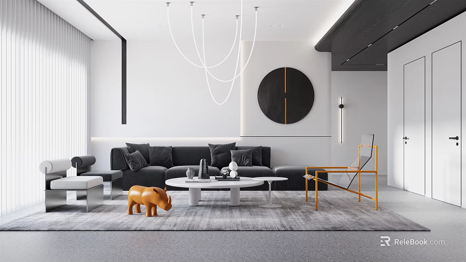 Modern Living Room With Black Sofa White Round Coffee Table Orange Figurine And Gray Rug 3d model 